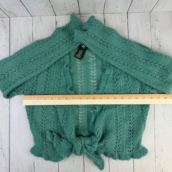 W by Worth Teal Mohair Blend Open Knit Tie Front Cropped Sweater Size Medium - Picture 10 of 10